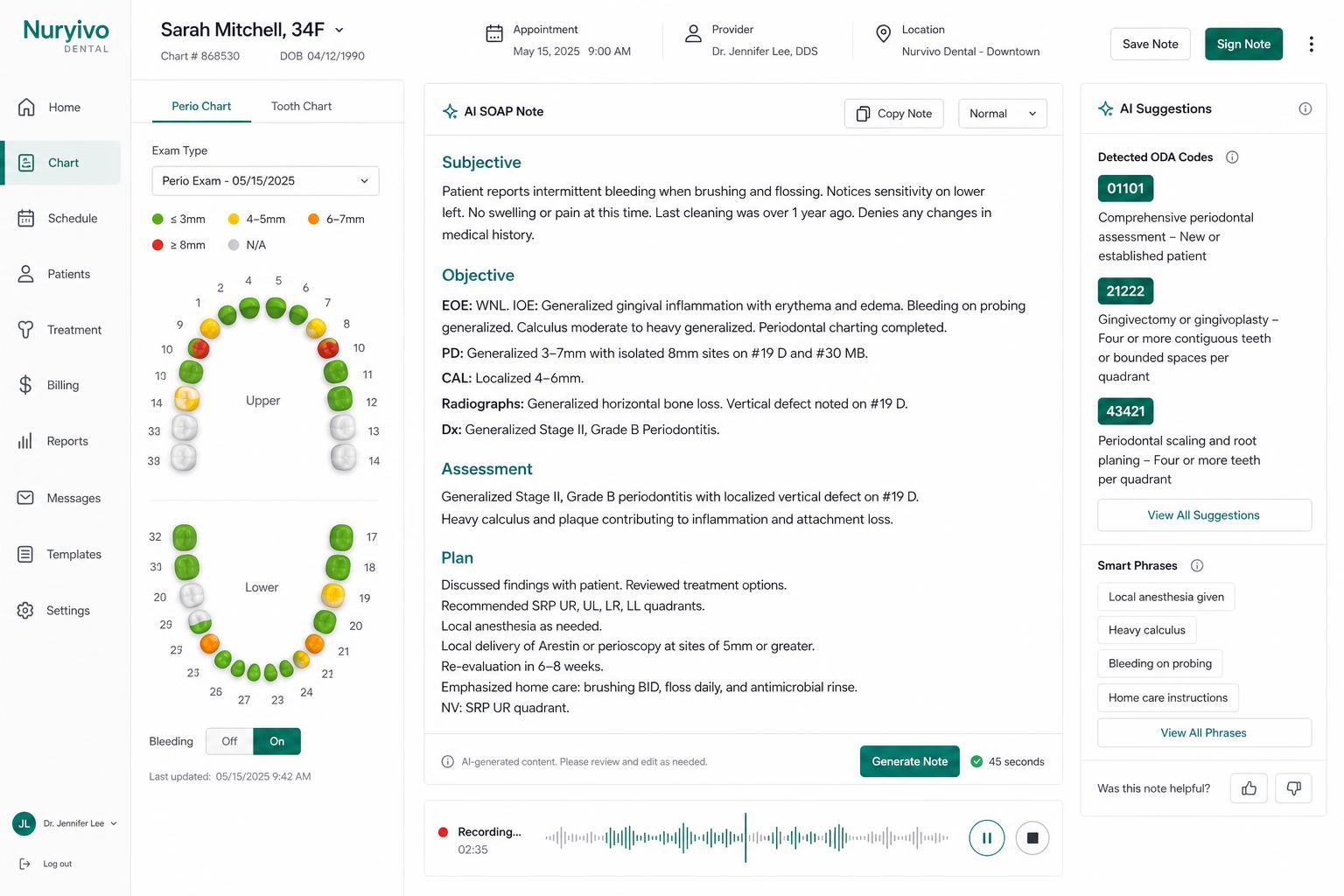 Nurvivo Dental — perio chart, SOAP note, and ODA code detection
